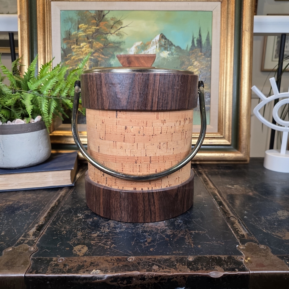Vintage Cork & Faux Wood Ice Bucket MCM Barware Retro 60s 70s Insulated
